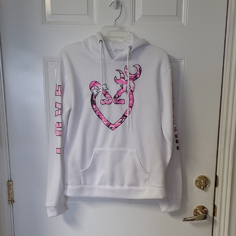 White Hoodie with Pink Camo Heart Design